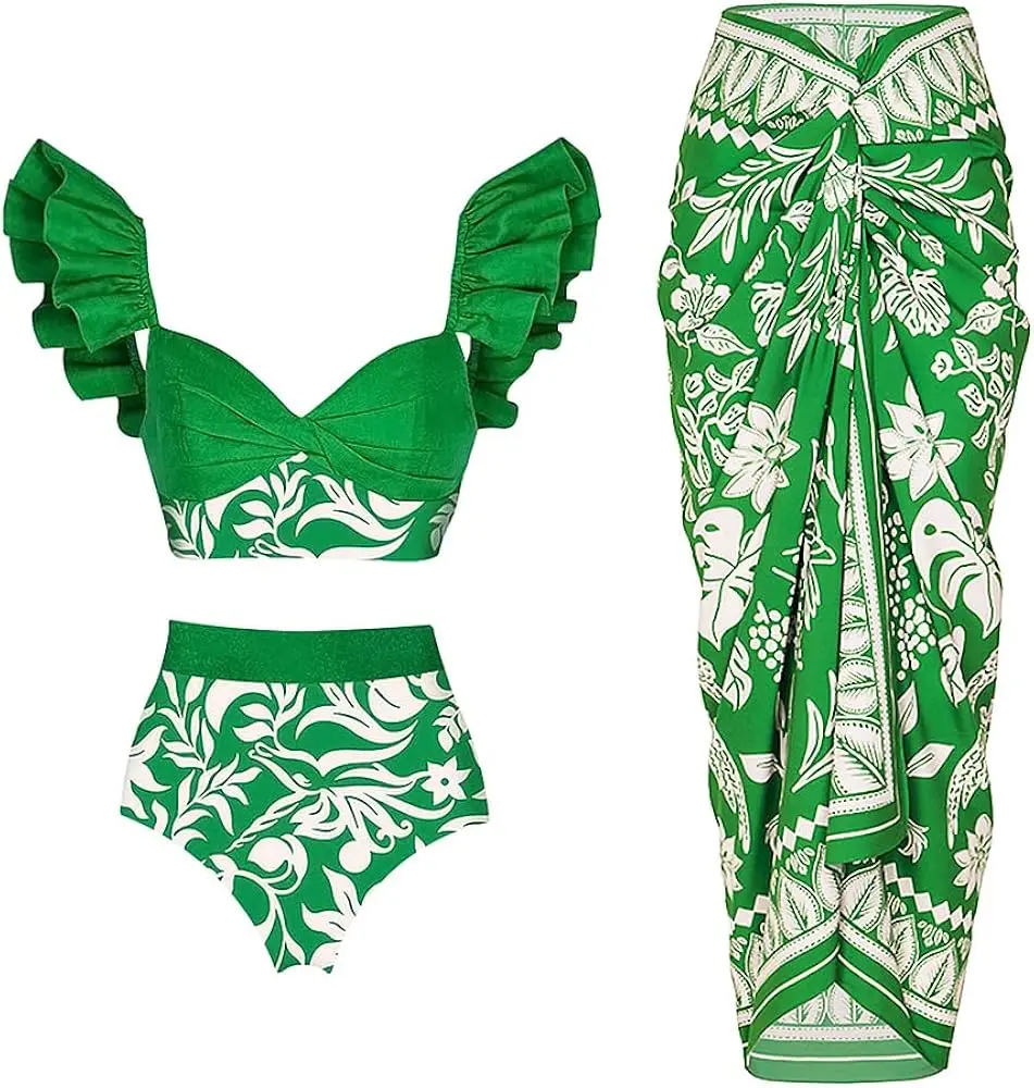 Isla Tropical Ruffle Swimsuit With Sarong (3-Piece Set)