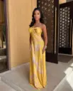 Yellow Satin Floral Print Maxi Gown