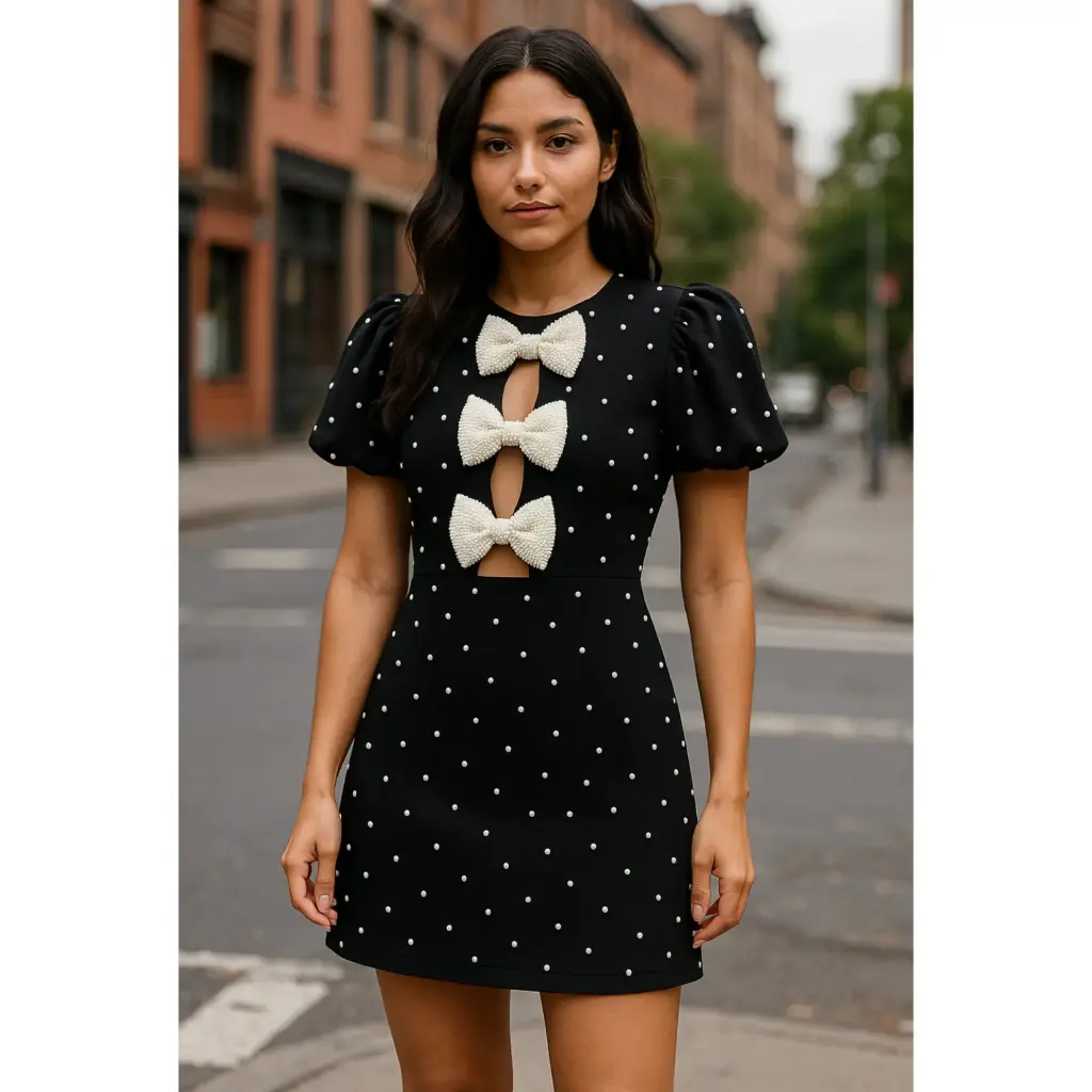 Black Pearl Polka Dot Dress with Statement Bows