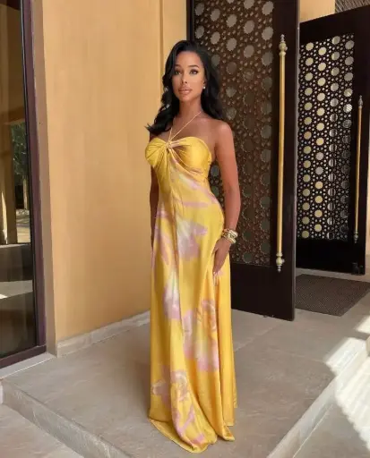 Yellow Satin Floral Print Maxi Gown